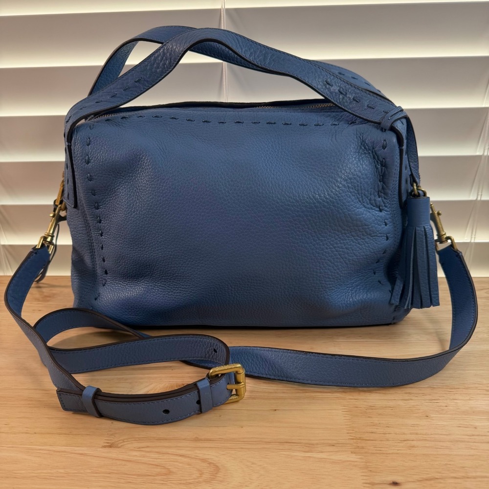 Cole Haan Ivy Pic-Stitch Collection Blue Pebble Leather Shoulder Strap Satchel